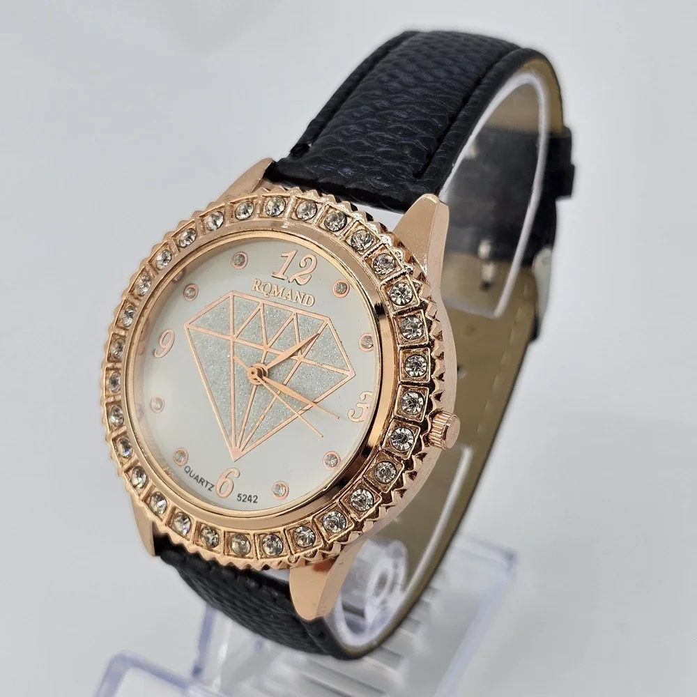 41MM Women Watch Cream Dial‎ Crystal Bezels Black Faux Leather Bands NEW Battery